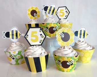 Printable Bumble Bee Cupcake Toppers and Wrappers, Bumble Bee Birthday Party, Bumble Bee Cupcakes, Edit Yourself, Instant Download