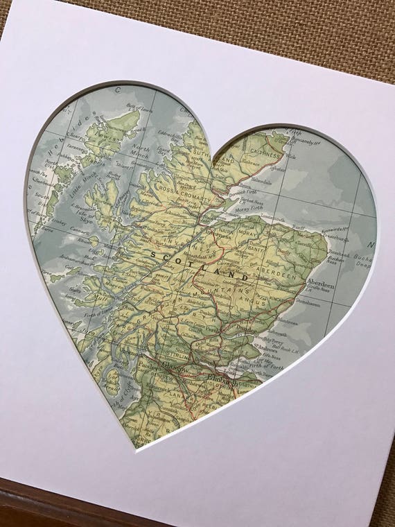 LOVE SCOTLAND - Heart Mount Vintage Atlas / Mall Wall Art - Country Town City - Vintage Atlas Pages - Custom Made To Order