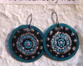 teal*turquoise*black sparkly*paper earrings