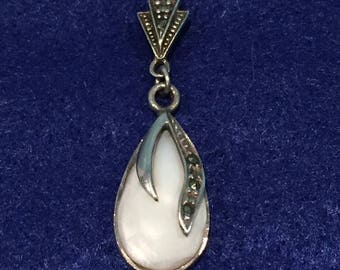 22%OFF Sterling Mother of Pearl & Marcasite Pendant - CA 1970's - Item# PND212