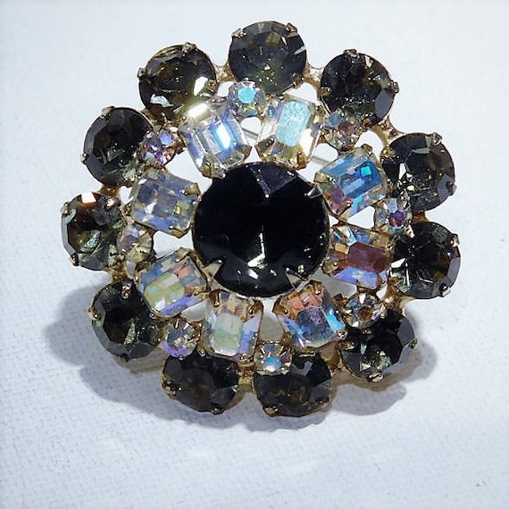 Rhinestone Brooch / Mid Century Rhinestone Brooch / 1960s Fashion Jewelry / Autumn Fall Wedding Bride Bridal Brooch / Aurora Borealis