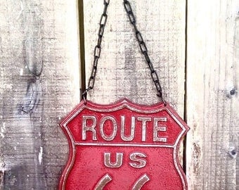 ON SALE Red Route 66 Sign - Automotive Art - Hot Rod Decor - Road Signs - Red Wall Art - Garage Decor - Man Cave Wall Decor - 50's Decor - R