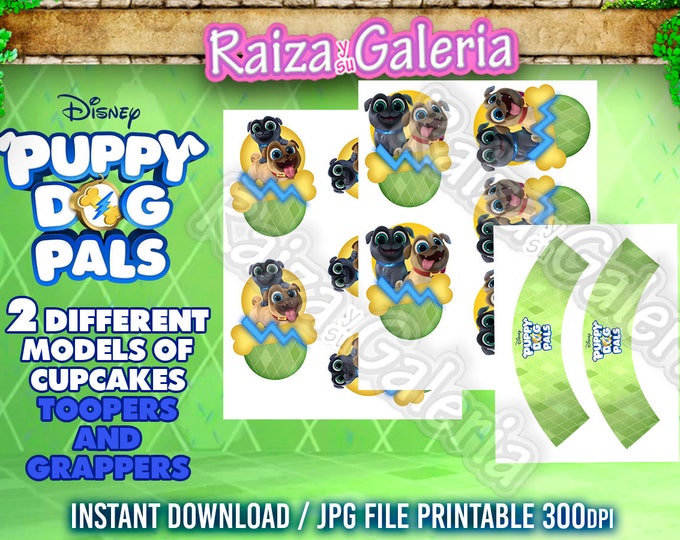 Puppy Dogs Pals Cupcakes Toppers and Wrappers for Birthday Party - Bingo Rolly Disney Junior - Instant Download HD file JPG 300 dpi.