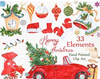 ON SALE 30% Watercolor Christmas clipart: "CHRISTMAS Clip Art" Holiday clipart Christmas Bells Ornaments Snowflake Christmas gifts Santa Win