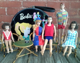 Vintage Barbies Lot, 1960s Barbie Ken Midge Allan Skipper, Barbie Clothes, Round Ponytail Barbie Carrying Case, Doll Furniture FREE SHIPPING