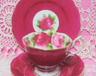 Beautiful Vintage Royal Albert Dark Pink OLD ENGLISH ROSE Cup, Saucer & Plate.