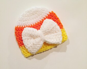 The Candy Corn Hat (newborn gift baby girl crochet hat handmade children's hat Halloween hat bow beanie