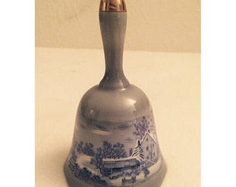 Vintage Currier and Ives "Homestead in Winter" Blue Porcelain Bell