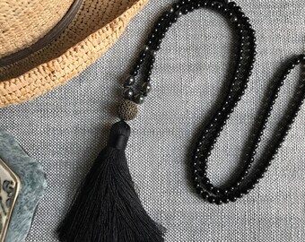 Black Tassel Necklace, Silver tassel,Beaded Necklace,Black Necklace,Tassel,Long necklace