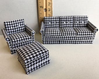 1/2" or 1/24 Scale Miniature Sofa, Chair and Ottoman Set