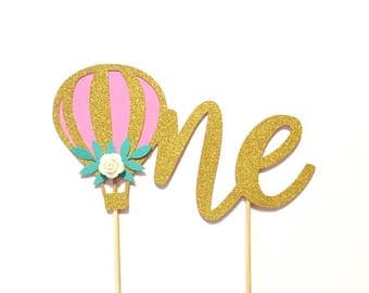 1 pc one hot air balloon flower rose floral Gold Glitter Cake Topper Toddler boy girl first Birthday smash cake