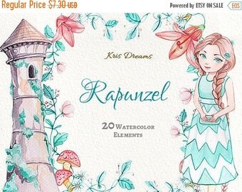 Sale 50% Rapunzel Clipart, Watercolor Clipart, Princess Clipart, Tower Vine Artist brush Hairbrush Paint Scrapbook Fairytale Birthday Invita