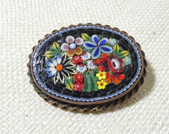Vintage Micro Mosaic Brooch Floral Flower Pin Italian
