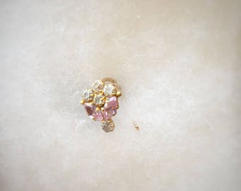 Real gold hoop nose ring with pink floral design