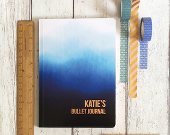 Bullet Journal Personalised Notebook. Blue Ombre and Copper foil personalised gift for him her students planner to do