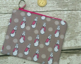 Flopsy bunny, Beatrix Potter fabric, rabbit design, Zipped Coin Purse, Cotton Fabric, Key Ring, Fully Lined, Birthday Gift Ships from UK