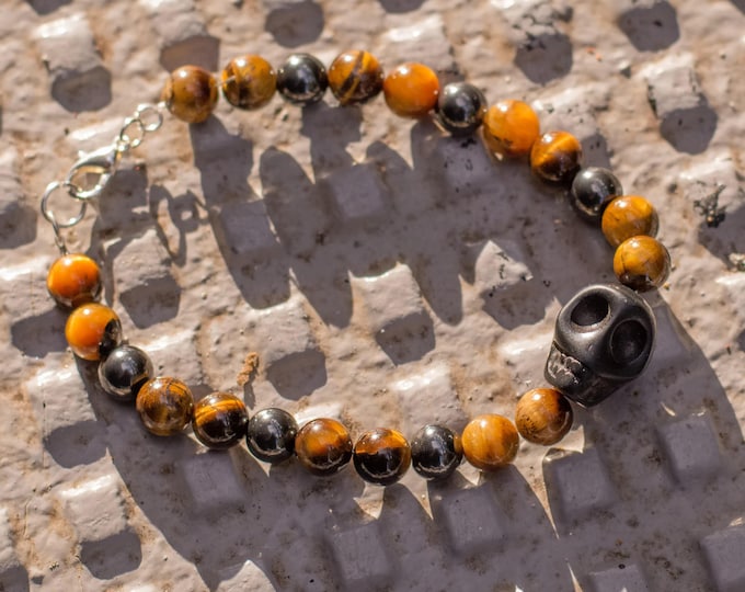 Tiger's Eye and Hematite Bracelet, Men's Gemstone Skull Bracelet, Unisex Bracelet, Chakra Bracelet, Black Jasper Carved Skull Bracelet