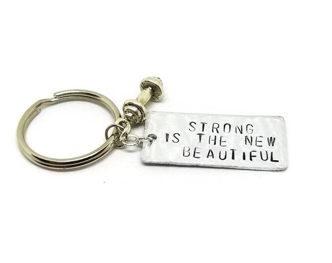 Strong is the New Beautiful Hand Stamped Key Chain, Crossfit Gift, Workout Gift, Fitness Gift, Dumbbell Charm, Gift for Her
