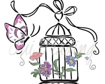 Vector Bird Cage, SVG Birdcage, Flowers and Butterfly Clipart, Hand Drawn Image