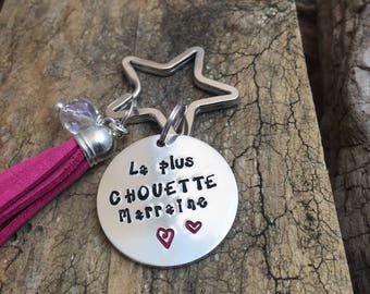 Hand Stamped La Plus Chouette Marraine, Personalised Message French Keyring