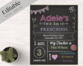 First Day of School Chalkboard Print, Editable Text, DIY, Art Print, Chalkboard Sign, Kindergarten, Grade School, INSTANT DOWNLOAD