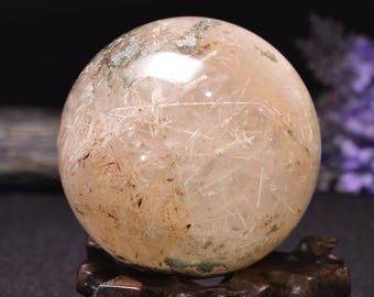 2.48"Rare Large White And Green Rutilated Quartz Sphere/Rutilated sphere/Rutilated Crystal Ball/Rutilated Quartz Beads-63mm-353g