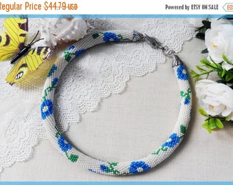 Blue flower necklace Summer outdoors Gift for mother Woman beaded necklace Delicate crochet necklace Statement beige jewelry gift for sister