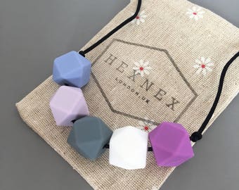 Teething Necklace for Mum Silicone Hexagon Bead BPA Free Baby Shower Gift Chewelry Breastfeeding Nursing Fiddle Aid Purple Grey White