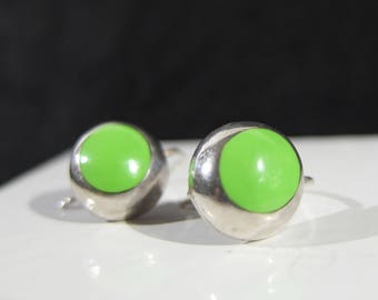 Vintage Taxco Mexican Sterling Silver Earrings With Green Stones