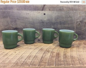 On Sale Green Fire-King Mugs Set , Set of Four Fire-King Mugs , Retro Coffee Mug , Fire-King Cup Stackable , C handle , Stackable Mug, Avoca
