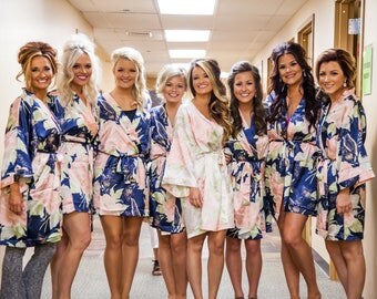 FREE SHIPPING Floral Satin Bridal Robes - Silk Floral Robe - Dressing Gown - Bridesmaid Robe - Satin Kimono Robe - Floral Wedding Robes