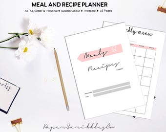 Meal Planner, Recipe Planner, Recipe Binder, Grocery List, Weekly Meal Planner, Menu Planning, Recipe Card, Custom Color, Printable Planner