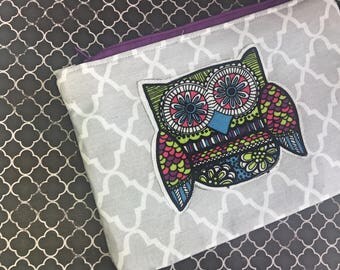 Owl Patchwork Zipper Bag- Gray Quatrefoil/Teal