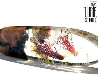 Wood resin pendant, bottlebrush blossom with copper flake, resin necklace, resin wood jewelry, unique gift, nature lovers