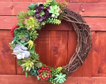 Succulent Wreath, Artificial Succulent Wreath, Spring Wreath, Faux Succulents, Wedding Decor, Front Door Wreath, Year Round Wreath, Rustic