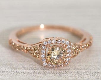Rose Gold Halo Champagne Promise Ring /Champagne Color Engagement Ring #998