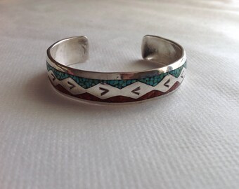 Navajo Delvin Nelson Sterling Turquoise Coral Cuff, Native American Jewelry