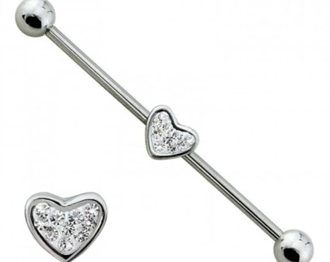 316L Surgical Steel Paved Heart Center Industrial Barbell with Balls