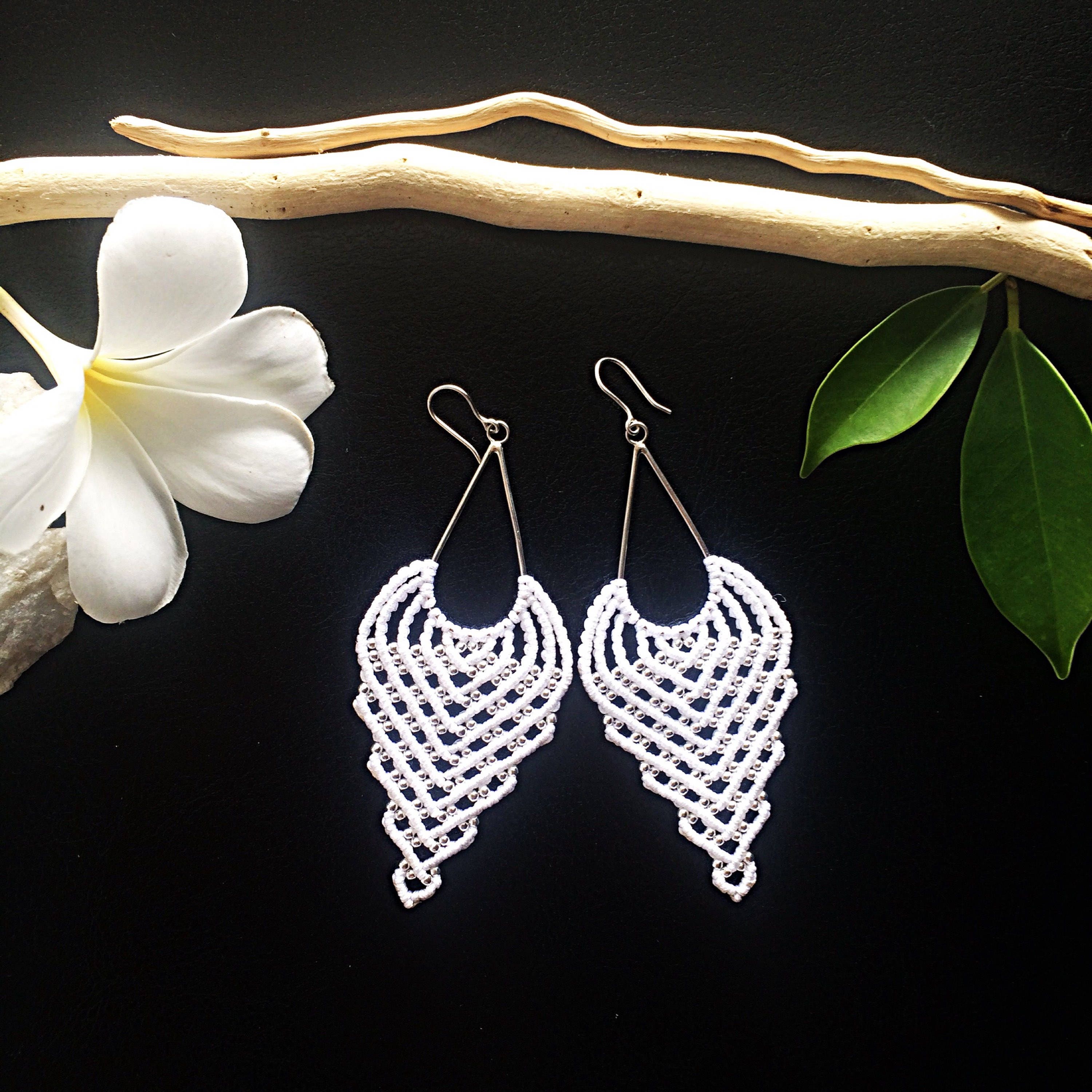 Sterling silver macrame earrings DIY beaded earrings white