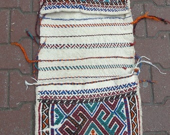 Vintage Handmade Turkish Kilim Saddlebag, Nomadic Saddlebag, Anatolian Traditional Saddlebag, 41 x 118 cm/ 1'3 x 3'8