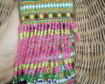 Phone Mobile Neck Pouch Fringe, Small Summer Bag Purse, Crossbody, Recycled from Hmong's Fabric Handicraft, For phone 5.8” or Smaller
