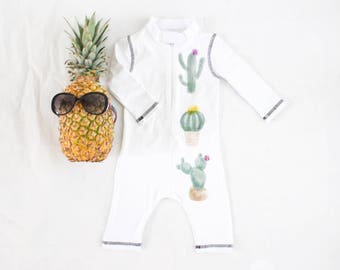 Cactus swimsuit, WHITE ,romper, swimwear,one-piece long sleeve with SPF 50+ UV protection, Comfortable and lightweight sunsuit, boho swimmer