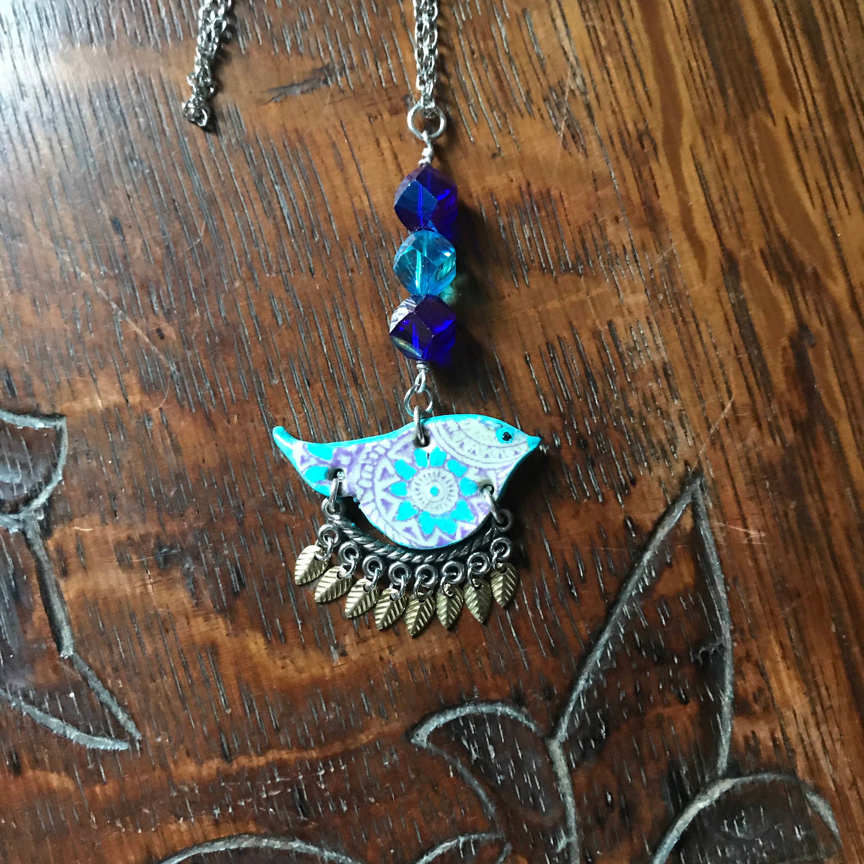 Bird Necklace Polymer Clay Necklace with Leaf Charms Turquoise