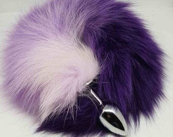Mature/Adult Hand Painted/Dyed Ombre Triple Purple Lilac Light & Tail Pastel Thick Tail on Silver Anal Buttplug for pet play fox kitten
