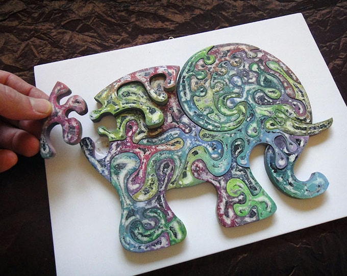Puzzle Art: Elephant Strong, Smart toy, With Frame, Ready To Hang, Family Gift, Child Gift, Wooden Handmade, Acrylic On Pieces by Samo Svete