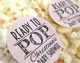 Ready to pop stickers, she's about to pop, baby shower stickers, baby shower favour, popcorn favour stickers, 121 - Pink