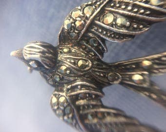 Sterling Silver Marcasite Swallow Brooch Pin. 1930-40's