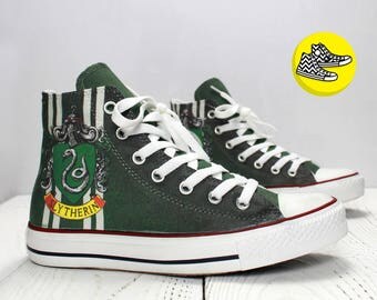Slytherin custom high top converse sneakers Harry Potter Hogwarts college shoes