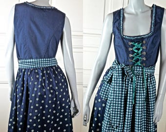 German Vintage Dirndl Dress, Navy Blue White Turquoise Bavarian Trachten Octoberfest Dress w Apron, German Clothing: Size 12 US, 16 UK
