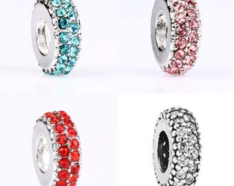 Color Rhinestone Euro Bead Charm for European Bead Bracelet, or to Put on Any Chain, Bracelets, Large Hole Bead Charms Pandora Style Stones